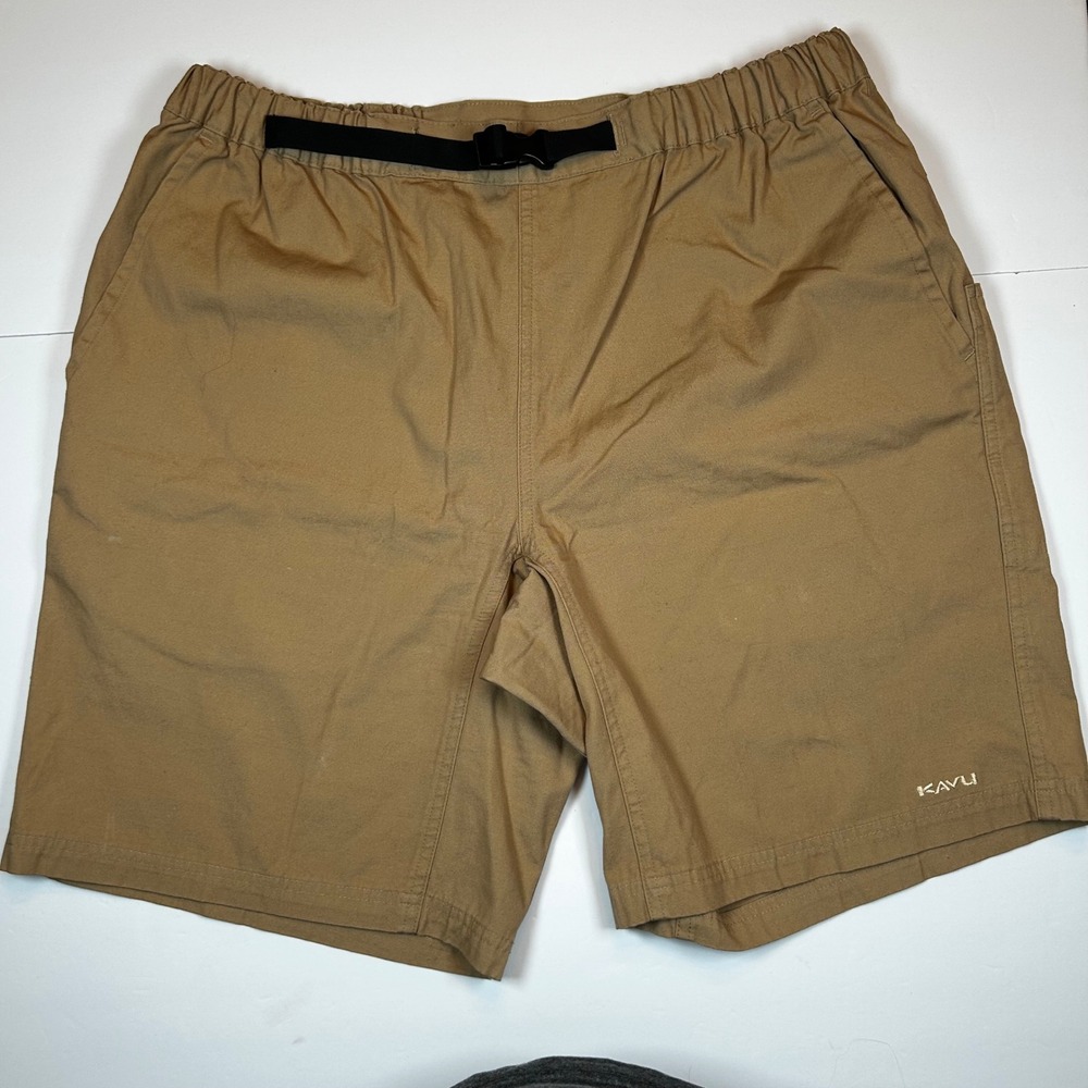 Kavu Men's Flat Front Elastic Waist Shorts in Khaki with Black Belt